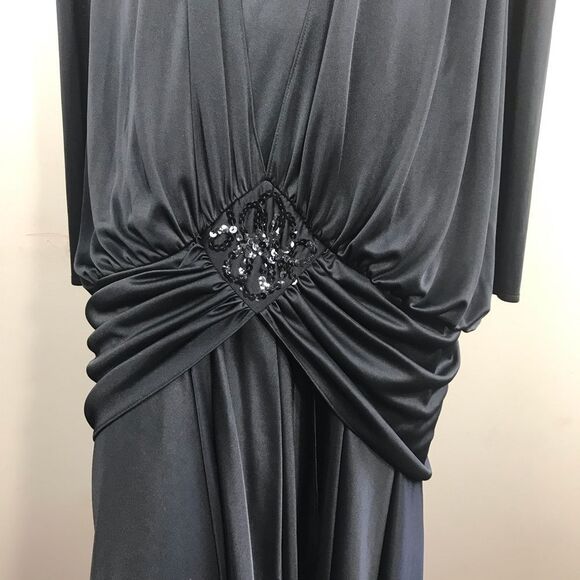 Abby Kent Vintage Black Glam Draped Sequin High-Low Midi Dress - Picture 4 of 13
